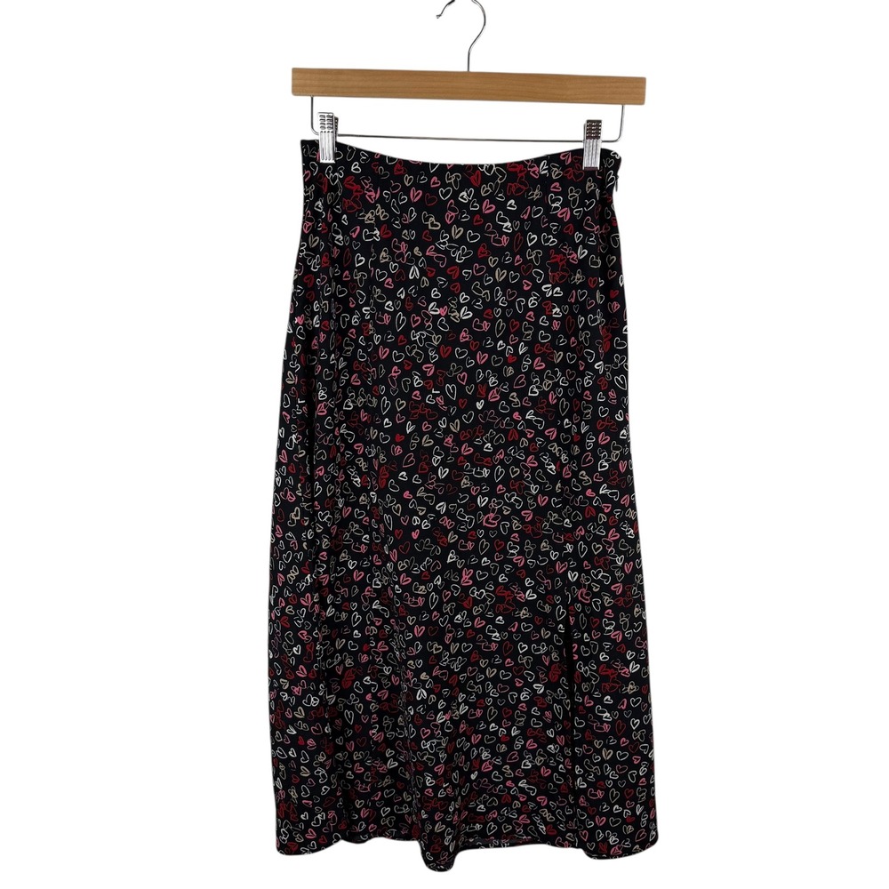 LOFT Black Heart Print Midi Skirt Size 2 Coquette Valentines Romantic Y2K Girly - Picture 2 of 12